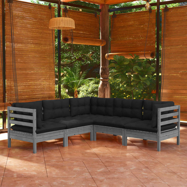 Muebles de jardín 5 pzas y cojines madera maciza de pino gris D