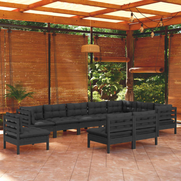 Mobiliário de jardim para 10 pessoas e almofadas preto madeira maciça de pinho D