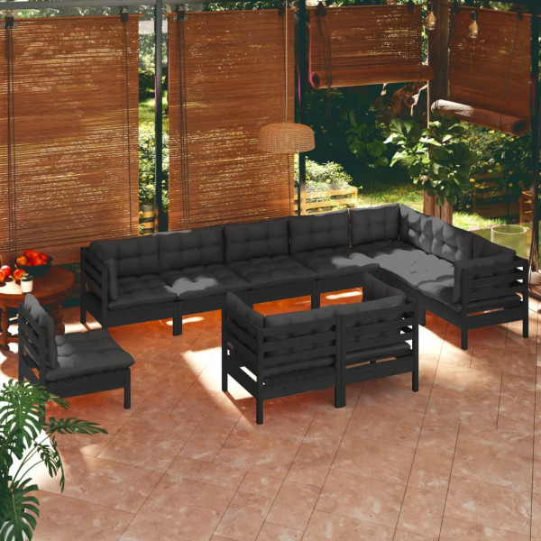 Mobiliário de jardim para 10 pessoas e almofadas preto madeira maciça de pinho D