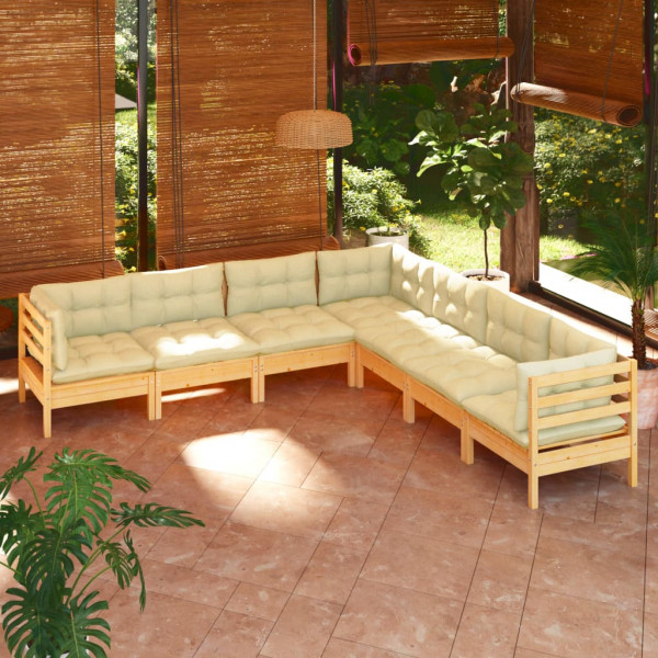 Muebles de jardín 7 pzas y cojines madera maciza de pino crema D