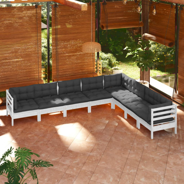 Móveis de jardim 8 peças e almofadas brancas em madeira maciça de pinho D
