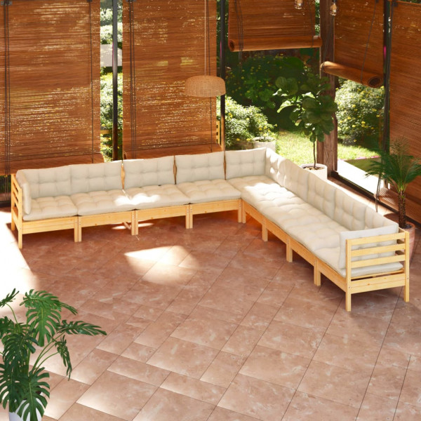 Mobiliário de jardim 9 peças e almofadas madeira maciça de pinho creme D
