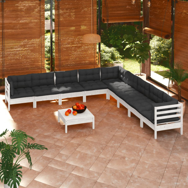 Muebles de jardín 10 pzas con cojines blanco madera maciza pino D
