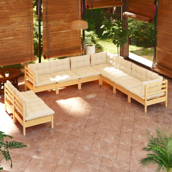 Muebles de jardín 9 pzas y cojines madera maciza de pino crema D