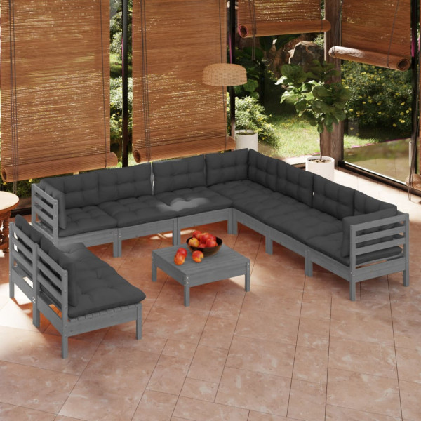 Muebles de jardín 10 pzas y cojines madera maciza de pino gris Muebles de jardín 10 pzas y cojines madera maciza de pino gris D