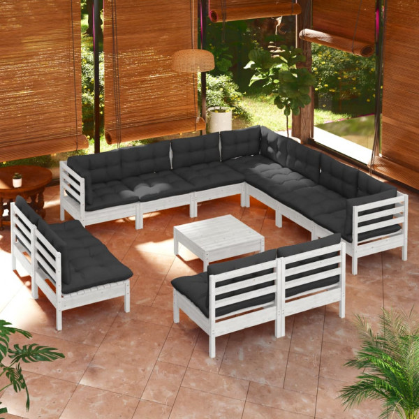 Muebles de jardín 12 pzas con cojines blanco madera maciza pino D