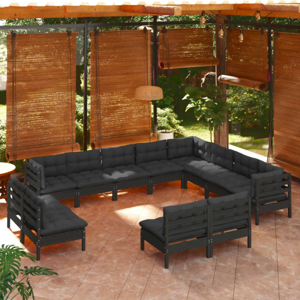 Muebles de jardín 12 pzas y cojines negro madera maciza de pino D