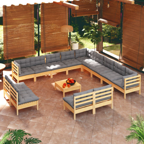 Mobiliário de jardim 14 camas e almofadas de madeira maciça de pinho cinzento D