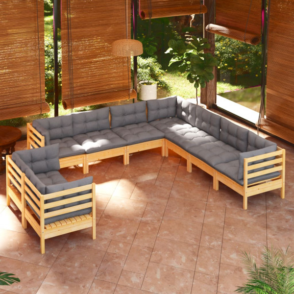 Conjunto de móveis de jardim 9 peças e almofadas em madeira maciça de pinho D