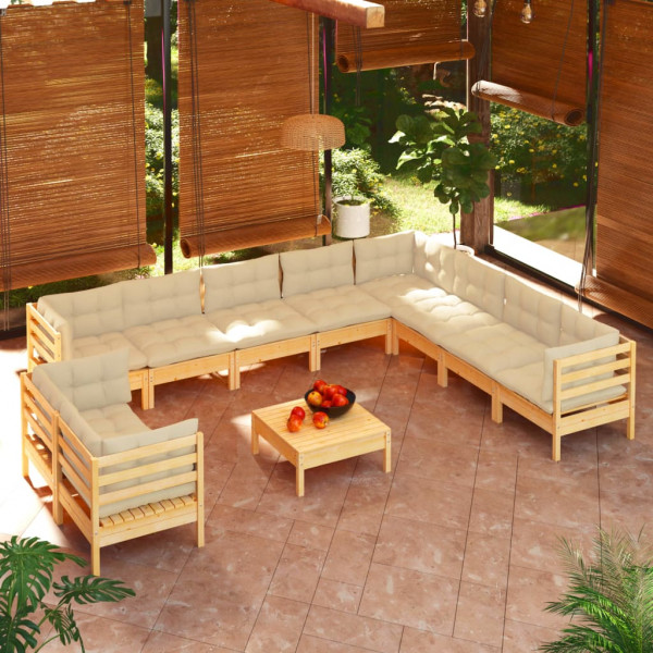 Muebles de jardín 11 pzas y cojines madera maciza de pino crema D