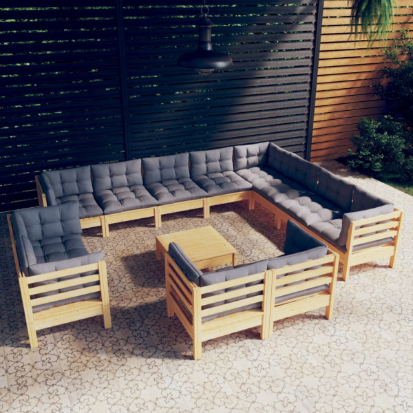 Conjunto de móveis de jardim com 13 peças e almofadas em madeira maciça de pinho D