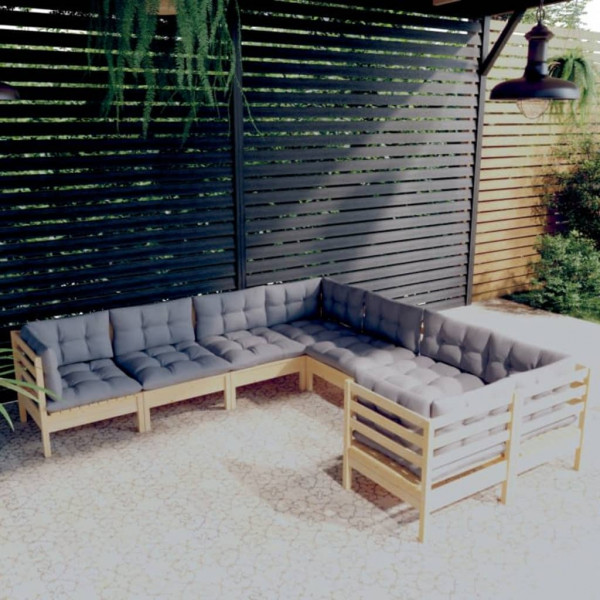 Conjunto de móveis de jardim 8 peças e almofadas em madeira maciça de pinho D