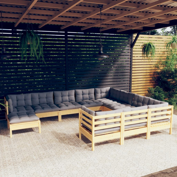 Móveis de jardim 11 peças e almofadas em madeira de pinho cinza D