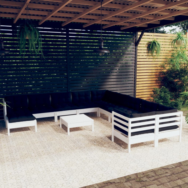 Móveis de jardim 12 peças com almofadas em madeira de pinho branco D