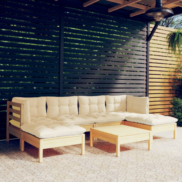 Mobiliário de jardim 7 peças almofadas madeira de pinho de cor creme D