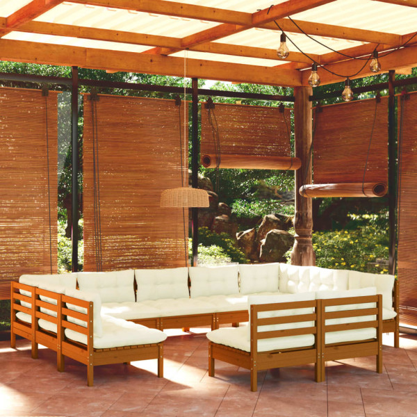 Mobiliário de jardim 11 peças e almofadas madeira de pinho marrom mel D