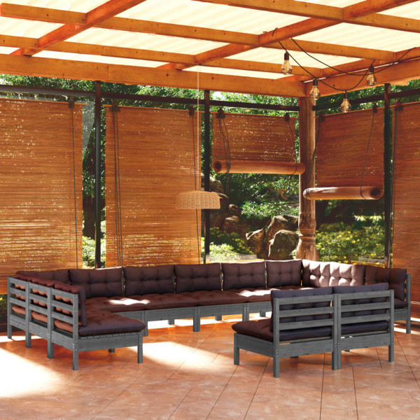 Muebles de jardín 12 pzas y cojines madera maciza de pino gris D