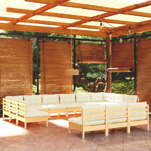 Muebles de jardín 13 pzas y cojines madera maciza de pino crema D