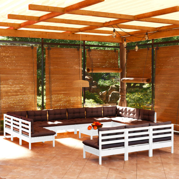 Muebles de jardín 14 pzas y cojines blanco madera maciza pino D
