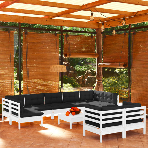 Muebles de jardín 10 pzas con cojines blanco madera maciza pino D