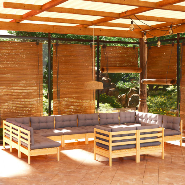 Móveis de jardim 12 peças e almofadas cinza em madeira maciça de pinho D