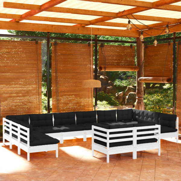 Muebles de jardín 12 pzas y cojines blanco madera maciza pino D
