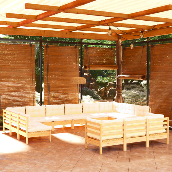 Mobiliário de jardim 13 peças almofadas madeira de pinho de cor creme D