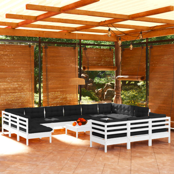 Muebles de jardín 14 pzas con cojines blanco madera de pino D