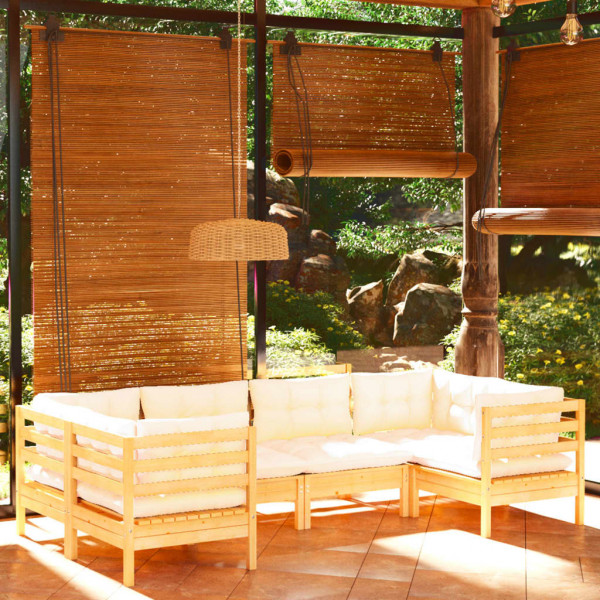 Muebles de jardín 6 piezas cojines madera de pino color crema D