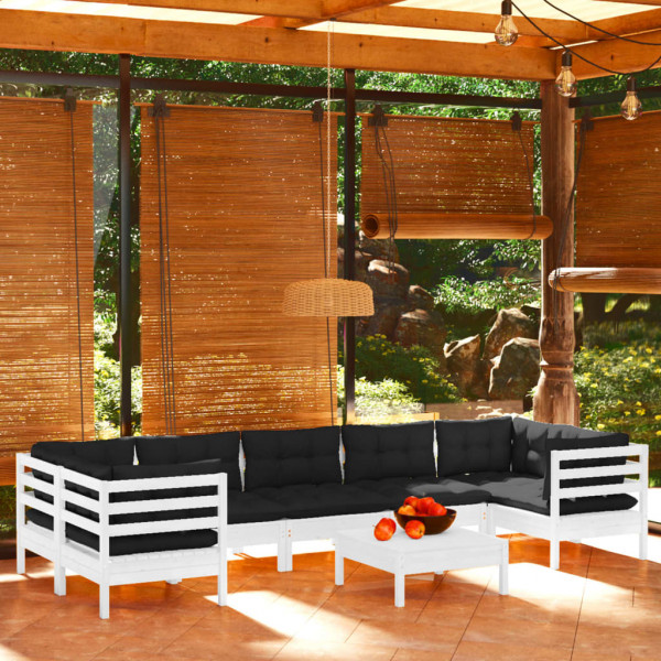 Móveis de jardim 8 PCs com almofadas de madeira de pinheiro branco D