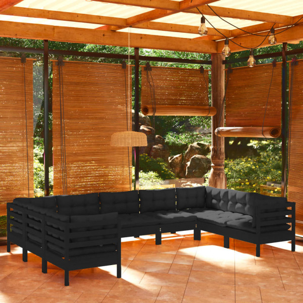 Muebles de jardín 9 pzas con cojines negro madera de pino D