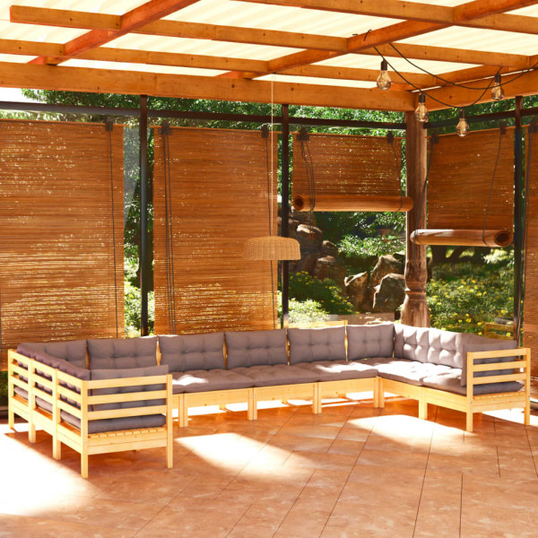 Conjunto de móveis de jardim com 10 peças e almofadas em madeira de pinho cinza D
