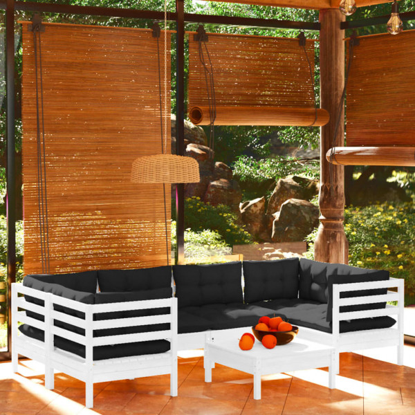 Muebles de jardín 7 pzas con cojines blanco madera de pino D