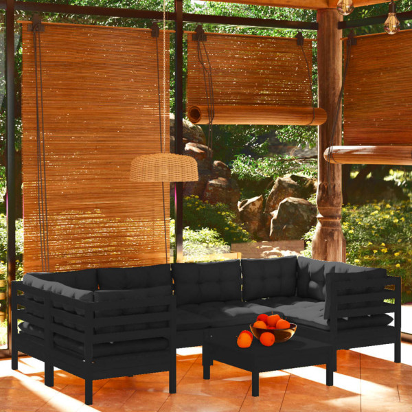 Muebles de jardín 7 pzas con cojines negro madera de pino D