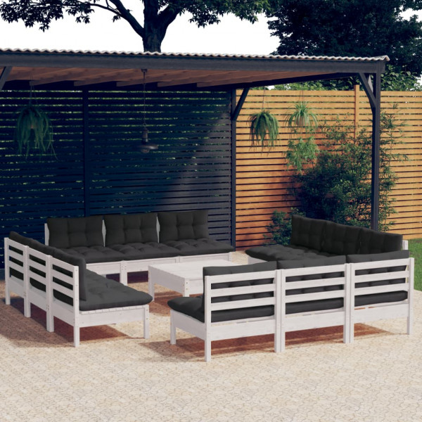 Mobiliário de jardim de 13 peças com almofadas de madeira de pinho D