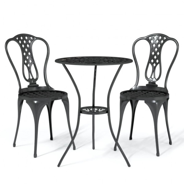 Mesa e cadeiras de bistrô de 3 peças em alumínio fundido preto D