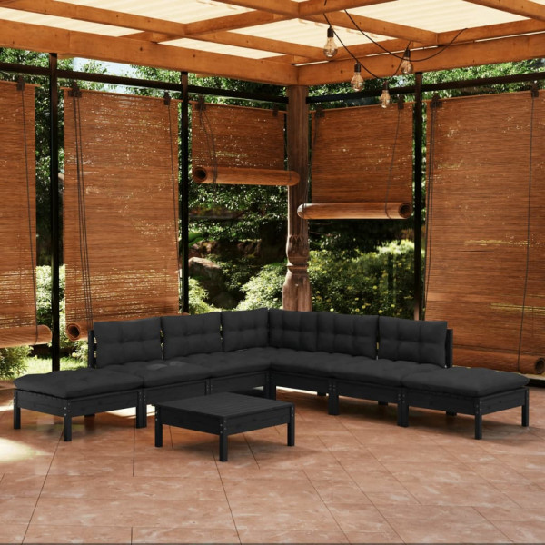 Mobiliário de jardim 8 pessoas com almofadas preto madeira de pinho D