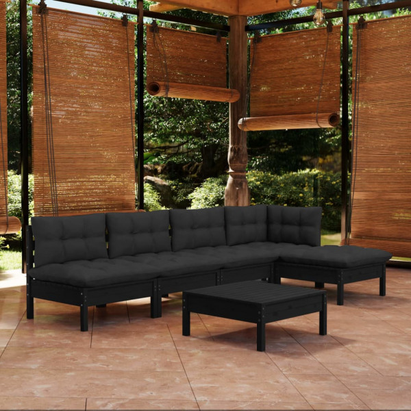 Móveis de jardim 6 peças com almofadas em madeira de pinho preto D