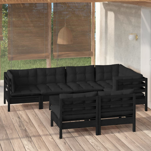 Mobiliário de jardim 8 pessoas com almofadas preto madeira maciça pinheiro D