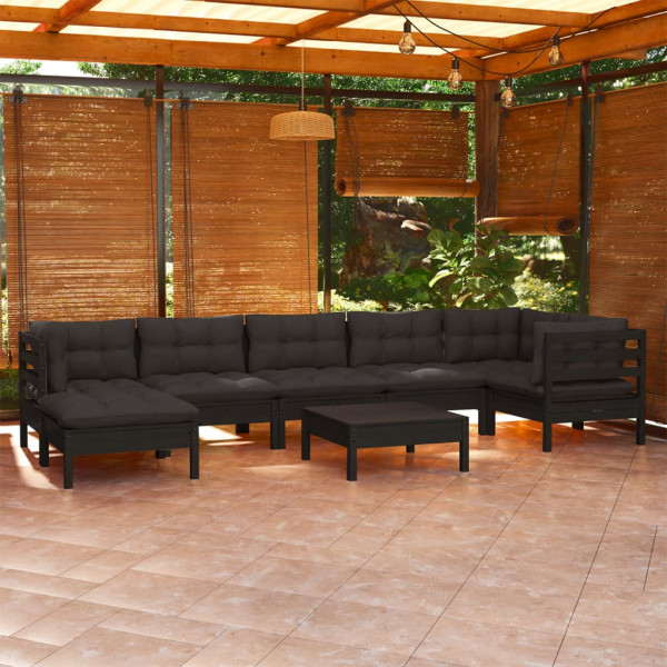 Mobiliário de jardim 8 pessoas e almofadas preto madeira maciça de pinho D