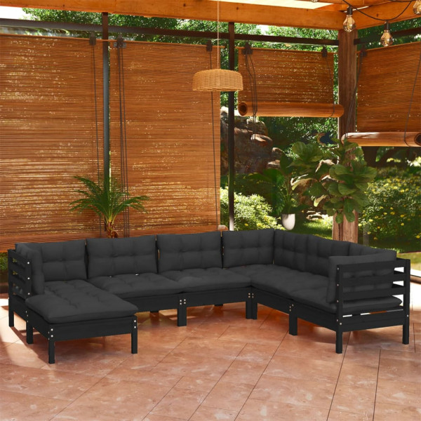 Muebles de jardín 7 pzas con cojines negro madera maciza pino D