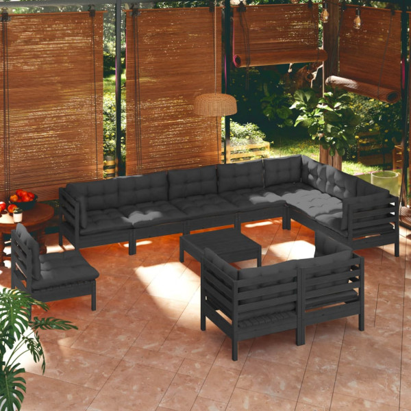 Mobiliário de jardim 11 pts com almofadas preto madeira maciça pinheiro D