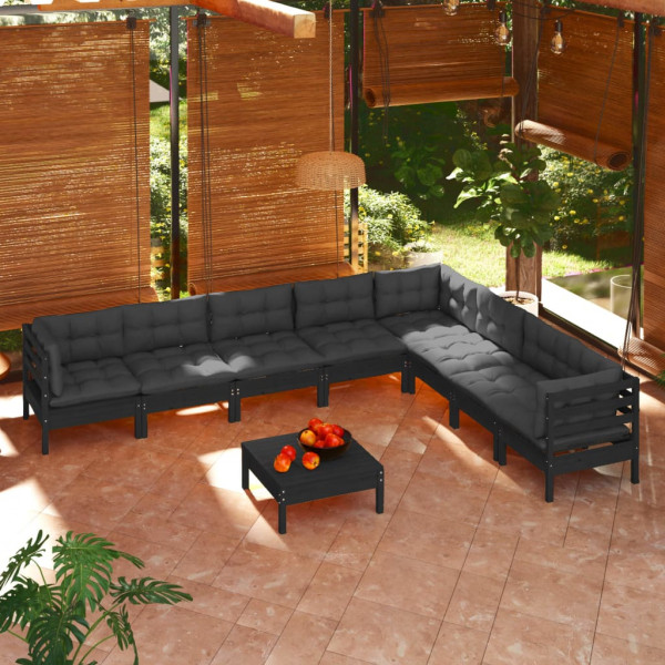 Muebles de jardín 9 pzas y cojines negro madera maciza de pino D