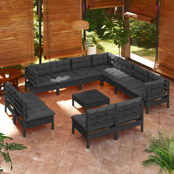 Muebles de jardín 12 pzas con cojines negro madera maciza pino D