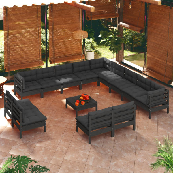 Mobiliário de jardim 14 camas com almofadas preto madeira maciça pinheiro D