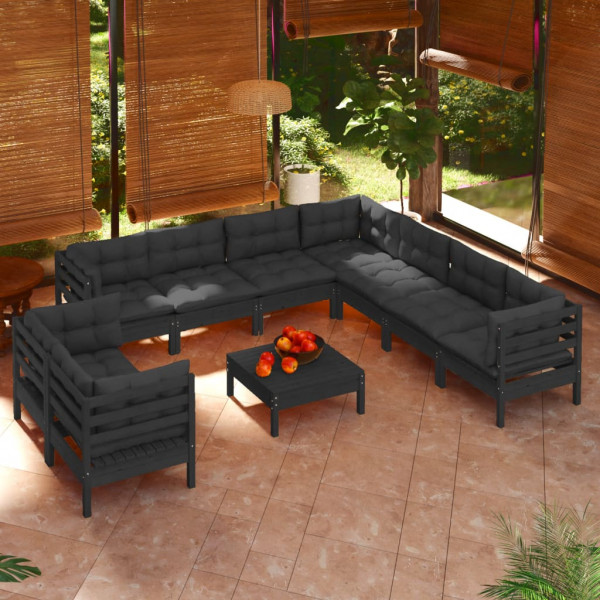 Mobiliário de jardim 10pcs com almofadas preto madeira maciça pinheiro D