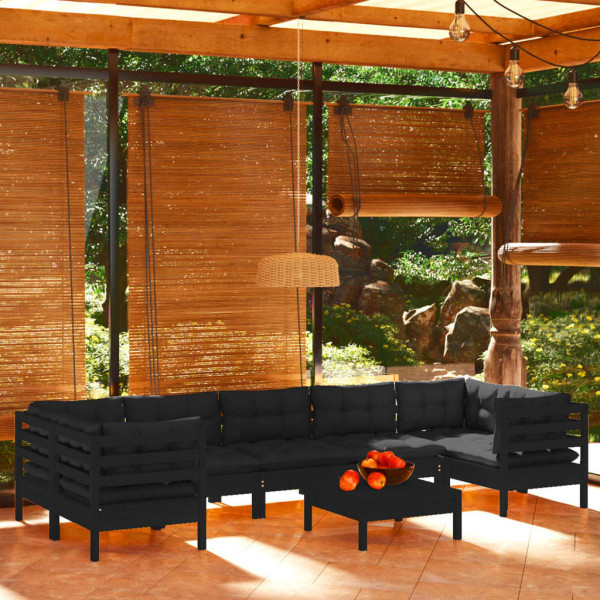 Mobiliário de jardim 8 pessoas com almofadas preto madeira de pinho D