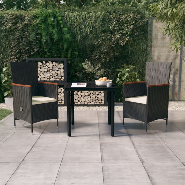 Juego de comedor para jardín de 3 piezas y cojines negro Juego de comedor para jardín de 3 piezas y cojines negro D