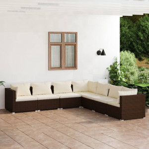 Set muebles de jardín 7 piezas y cojines ratán sintético marrón D