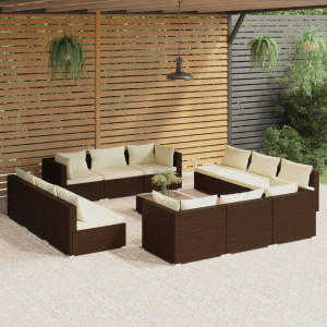 Set muebles de jardín 13 pzas y cojines ratán sintético marrón D